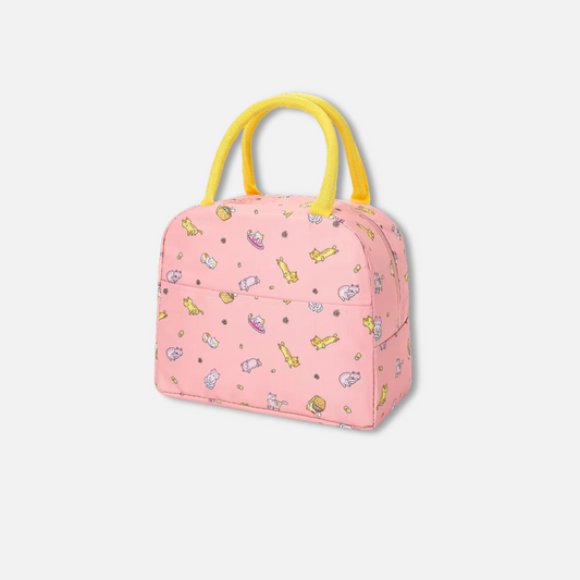 Sac à lunch isotherme et imperméable en rose avec manche jaune et des chats imprimés 