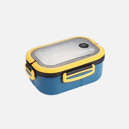 lunch box isotherme bleue et jaune avec poignée et couvert intégrée. Micro-ondable.