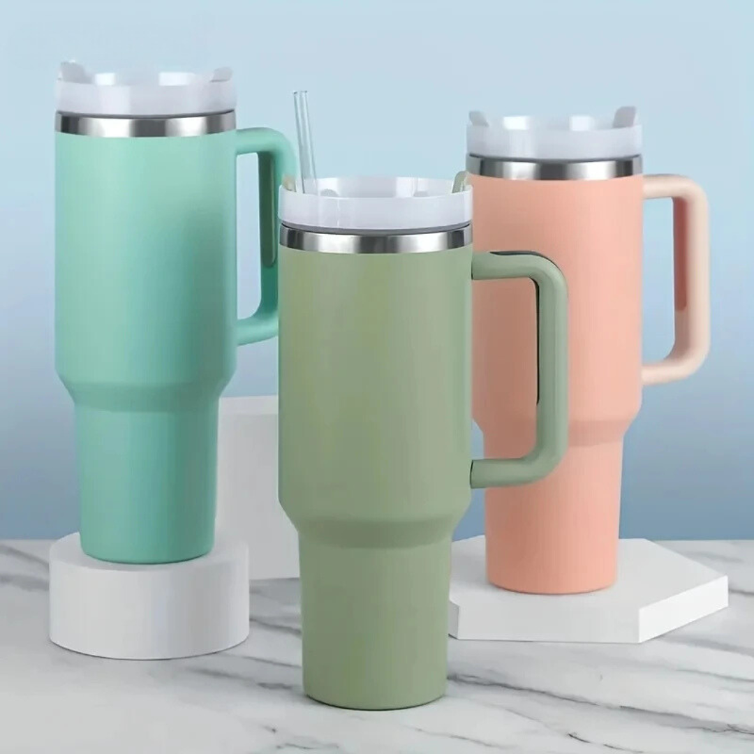 trio gourde design acier inoxydable avec paille et poignée facile avec trois couleurs différentes